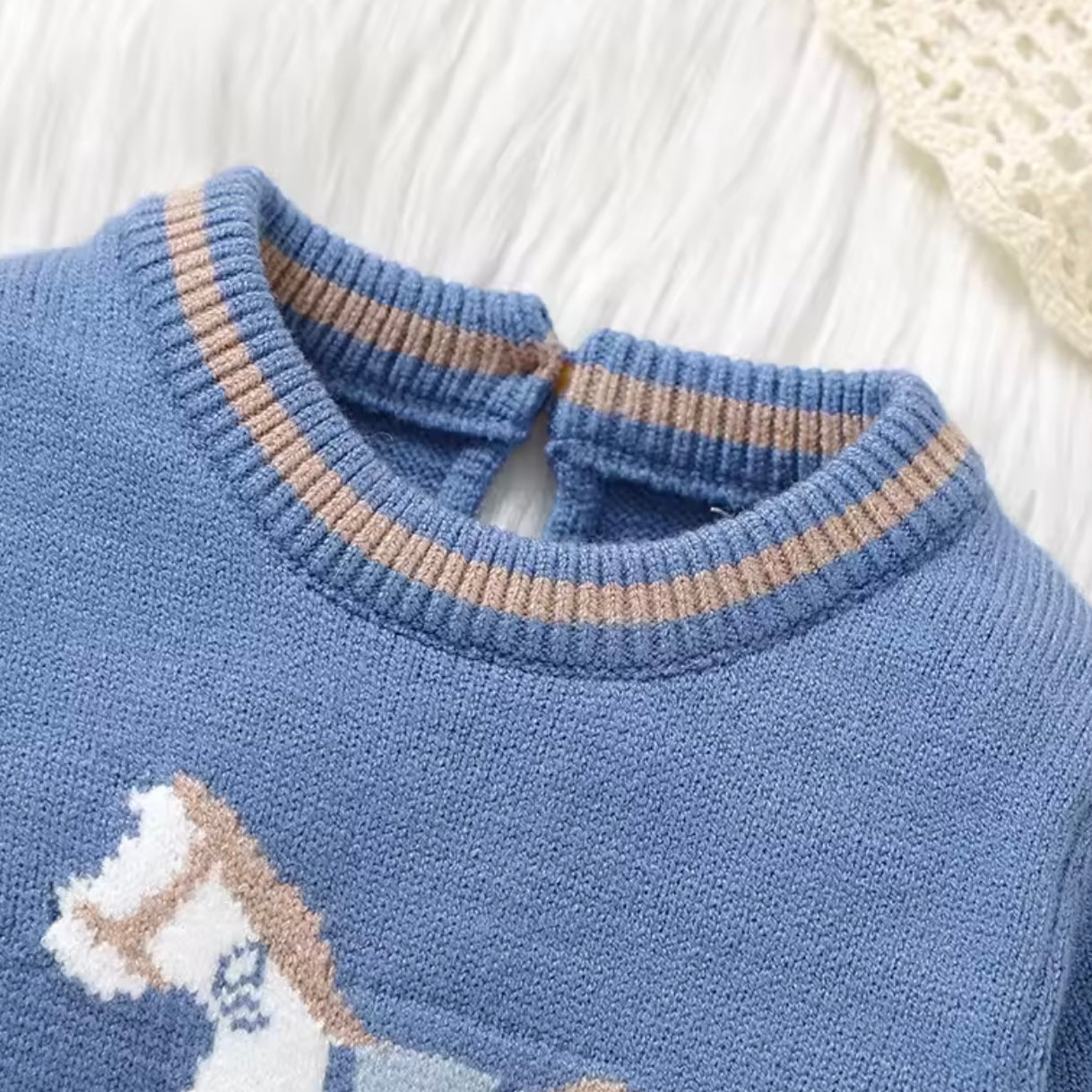 BLUE KNITTED ROMPER ROCKING HORSE