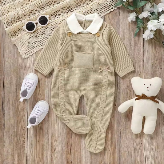 BEIGE CAMEL COLLARED ROMPER AND JUMPER SET