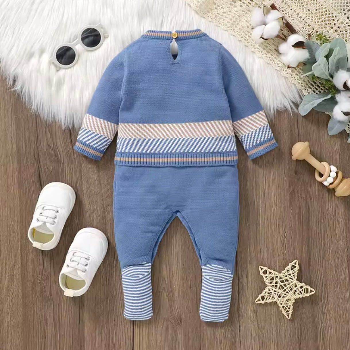 BLUE KNITTED ROMPER ROCKING HORSE