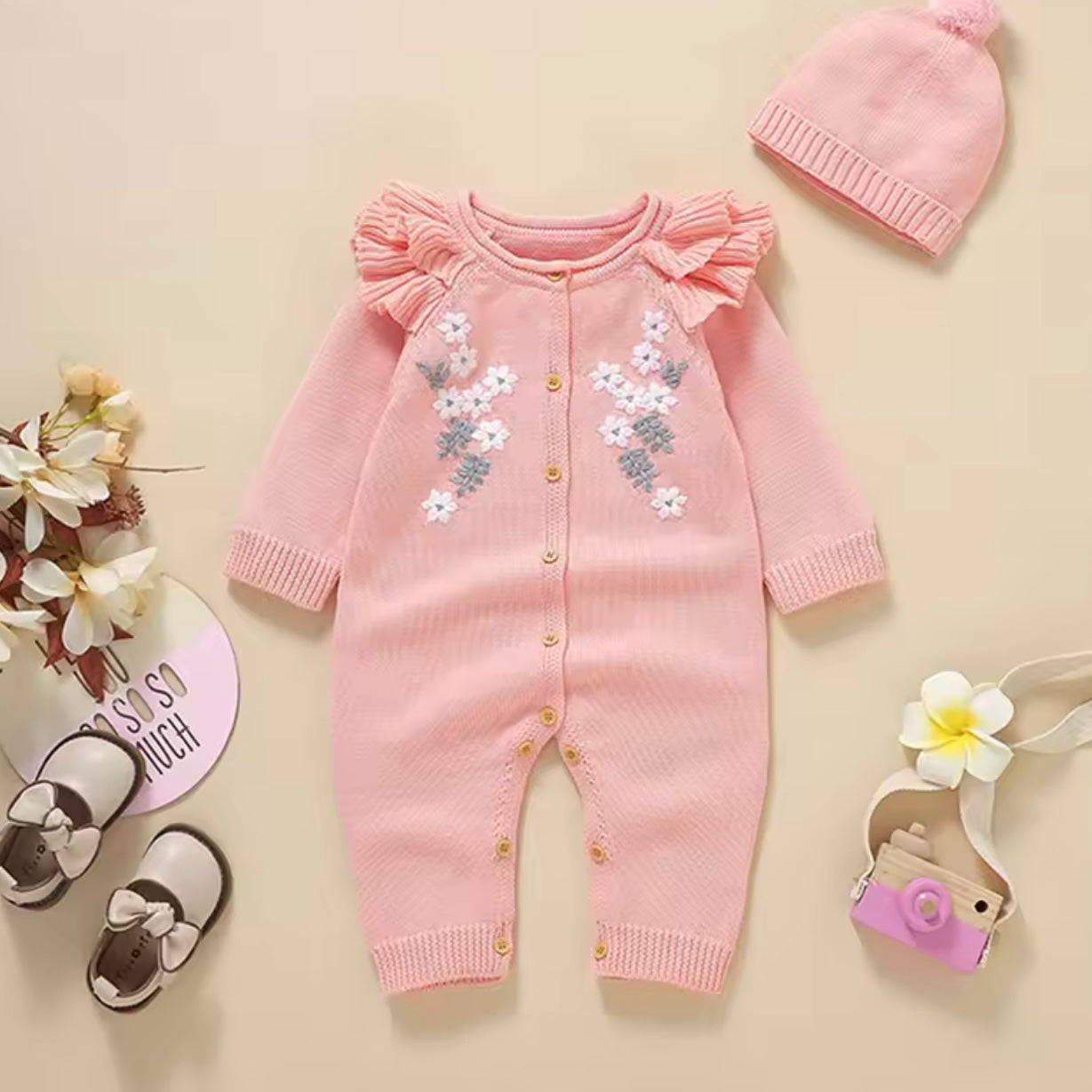 FLORAL FRILL ROMPER WITH HAT