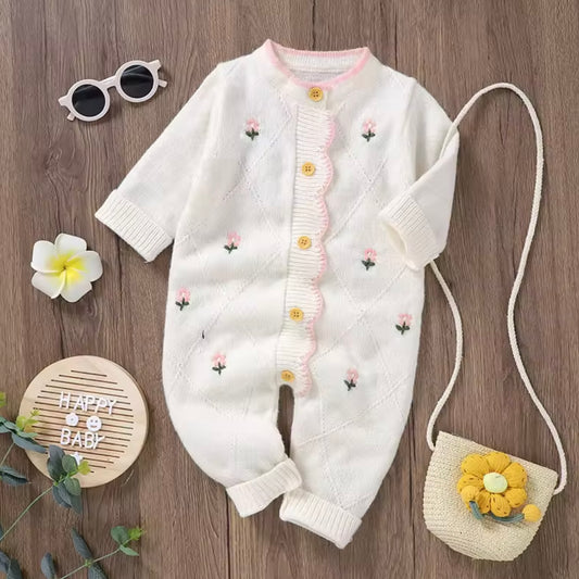 KNITTED FLORAL WHITE ROMPER