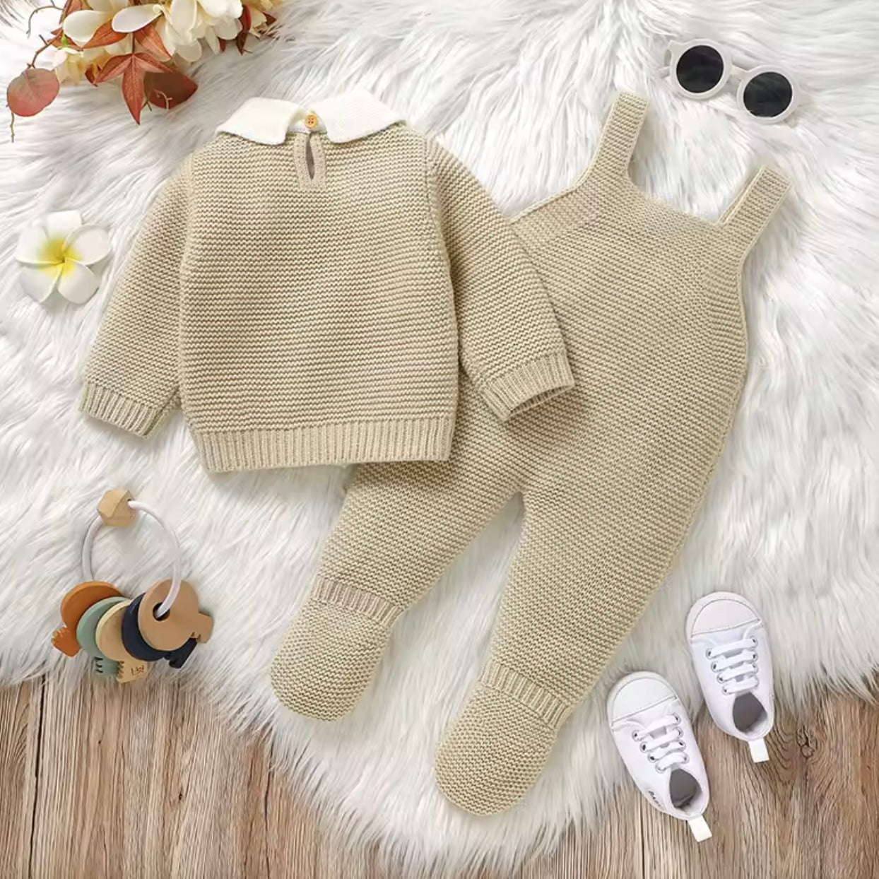 BEIGE CAMEL COLLARED ROMPER AND JUMPER SET