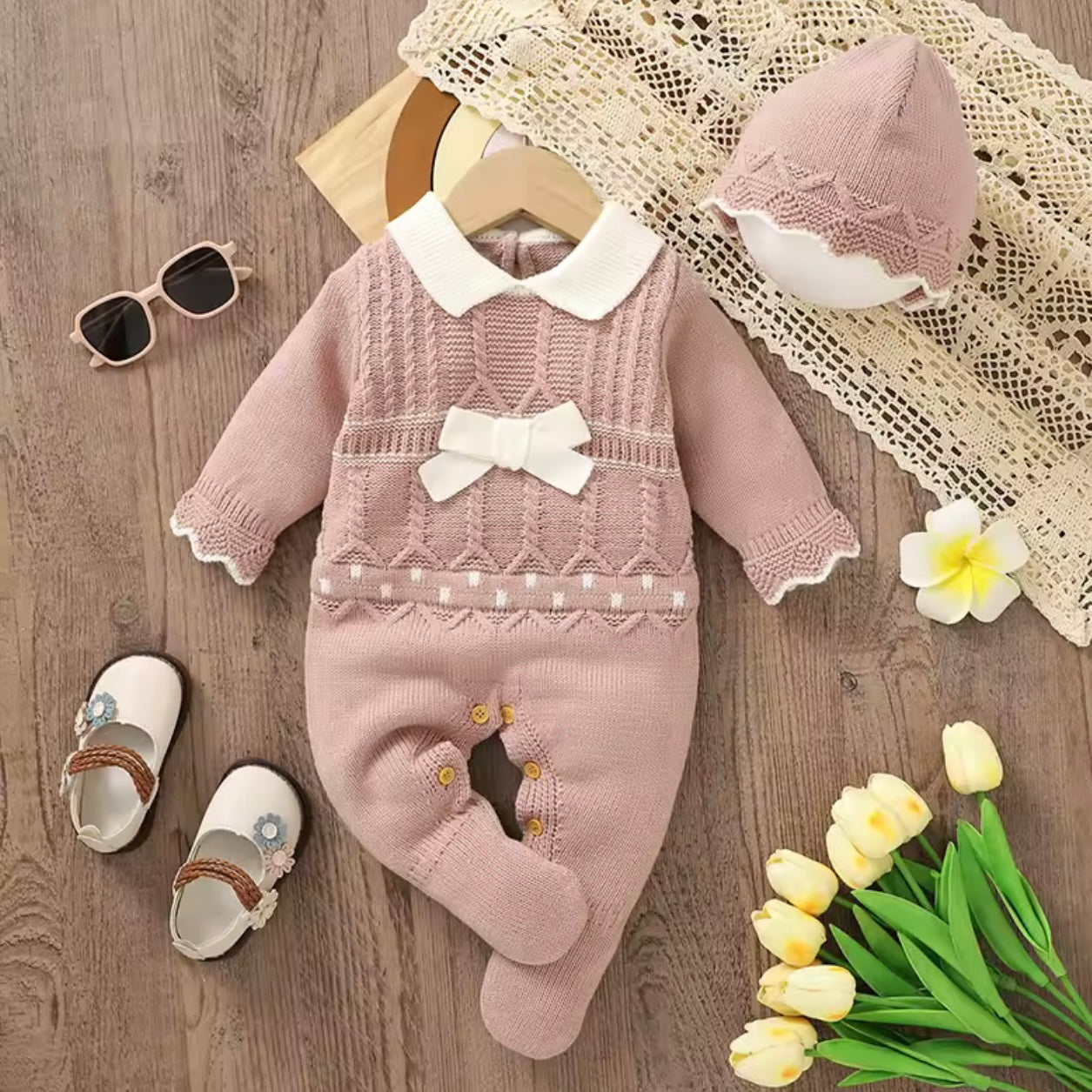 PINK AND WHITE BOW ROMPER WITH HAT