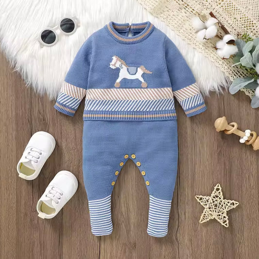 BLUE KNITTED ROMPER ROCKING HORSE