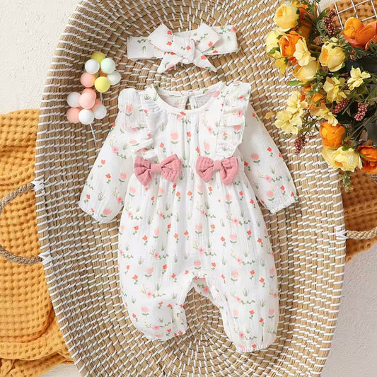 WHITE AND PINK FLORAL BOW ROMPER WITH HEADBAND
