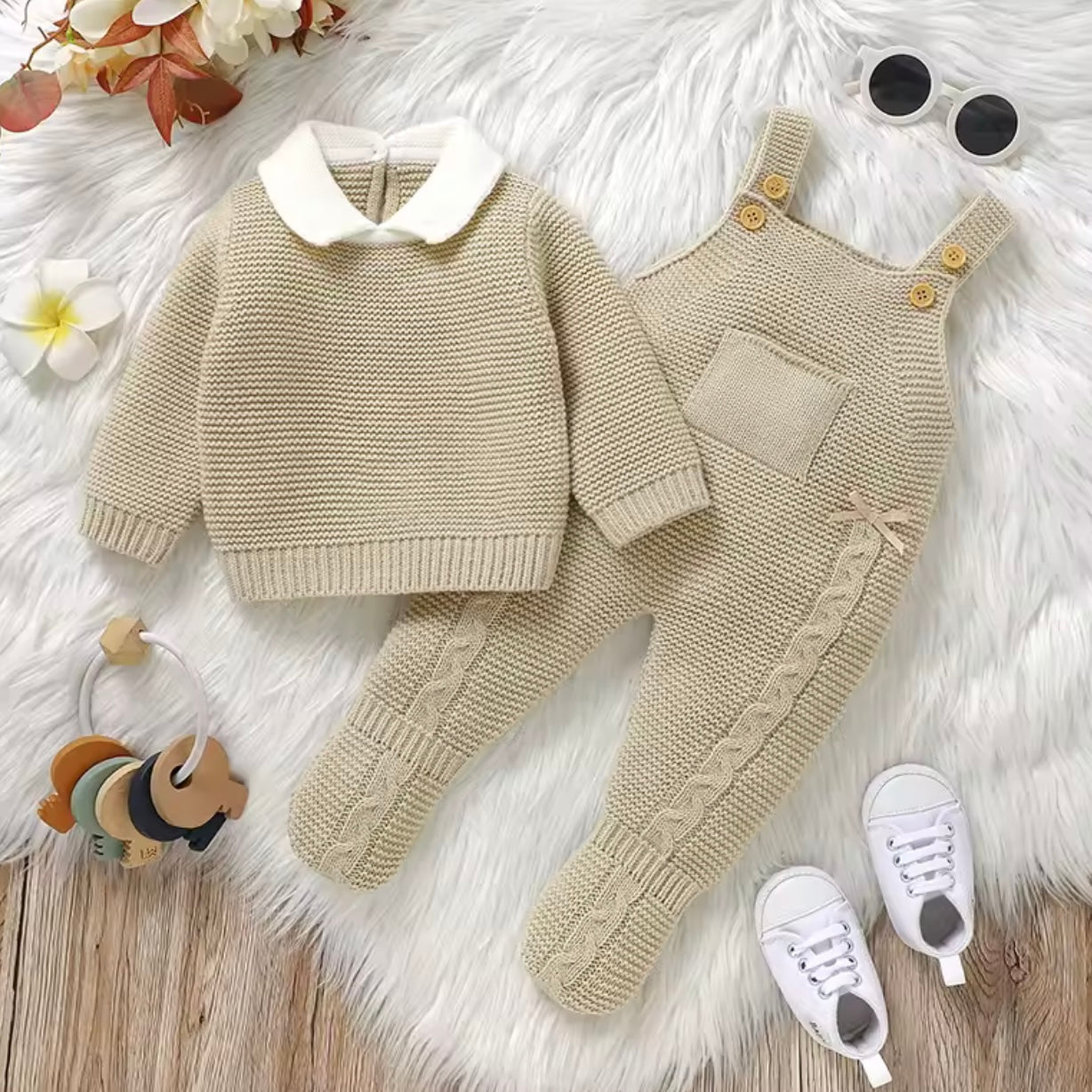 BEIGE CAMEL COLLARED ROMPER AND JUMPER SET