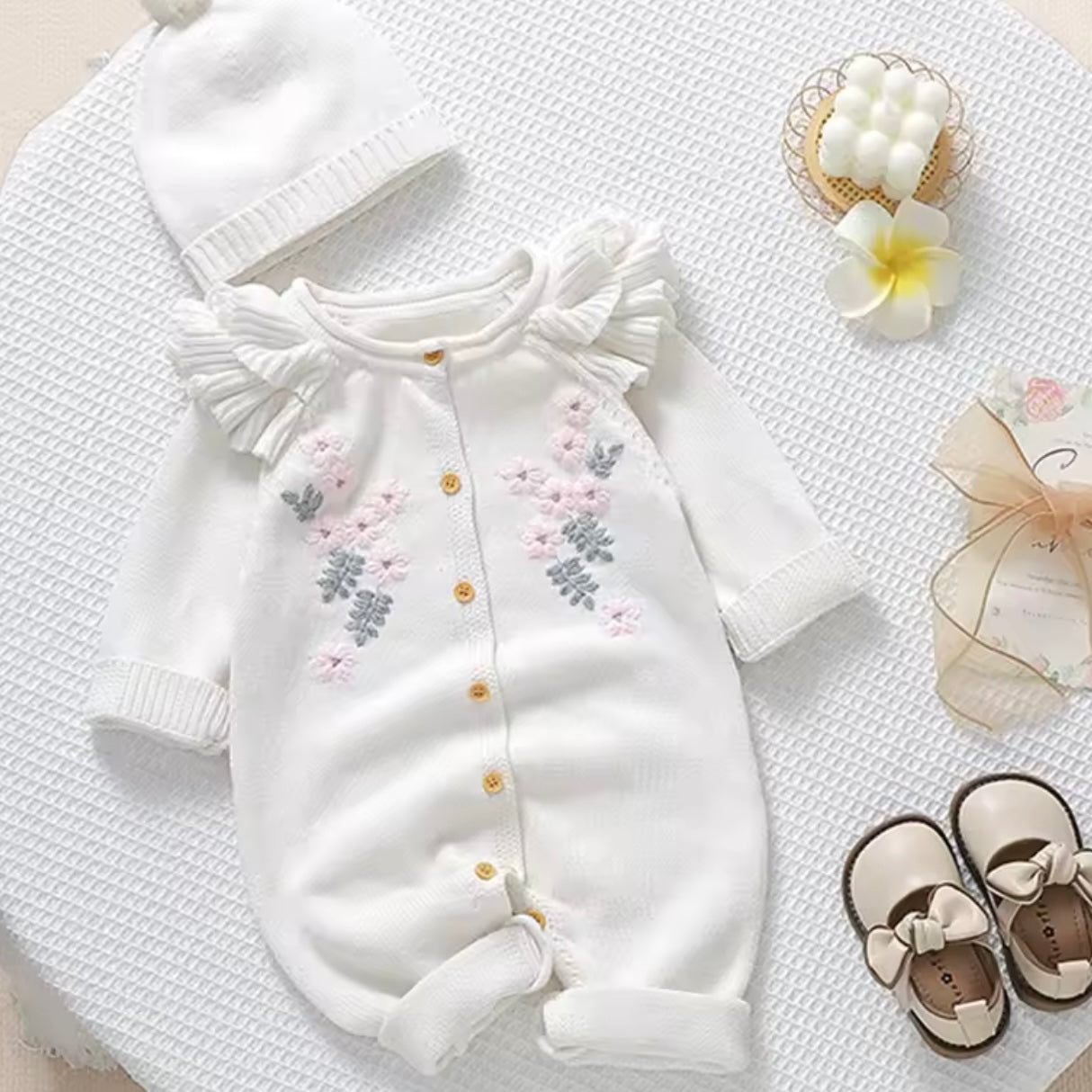 FLORAL FRILL ROMPER WITH HAT