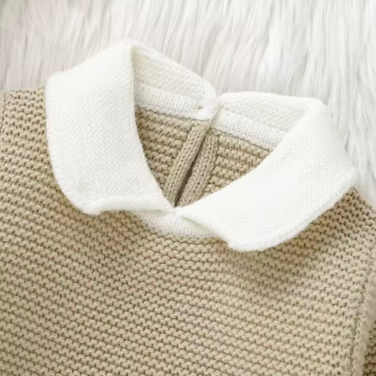 BEIGE CAMEL COLLARED ROMPER AND JUMPER SET