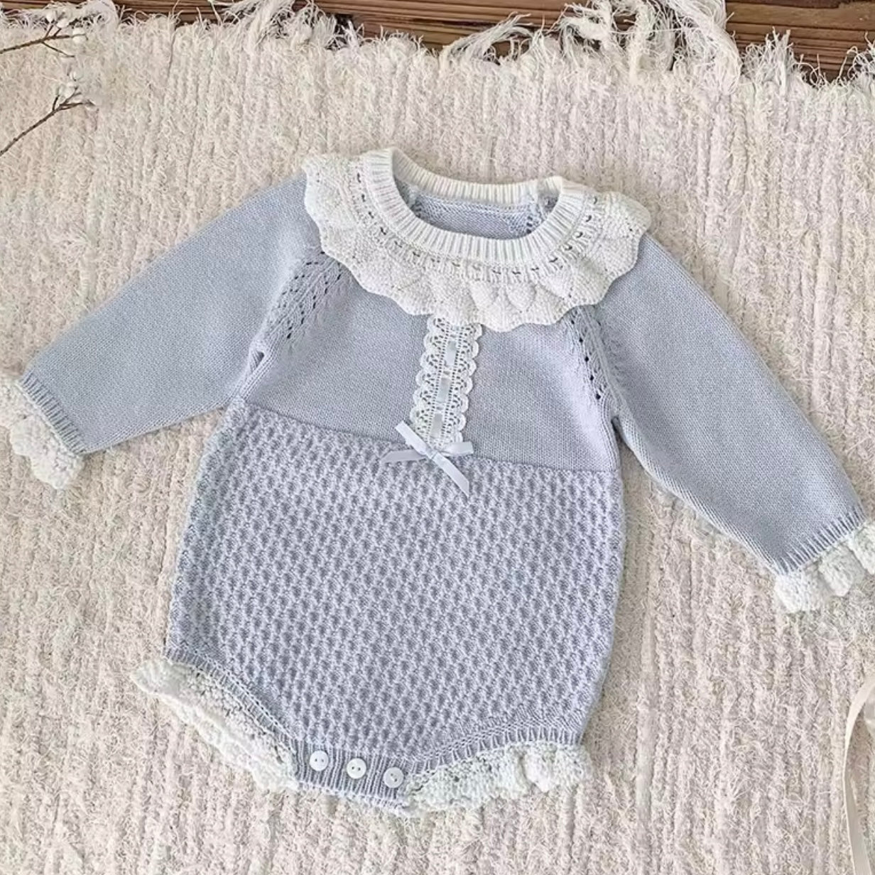 KNITTED TRIM LACE BABY GROW