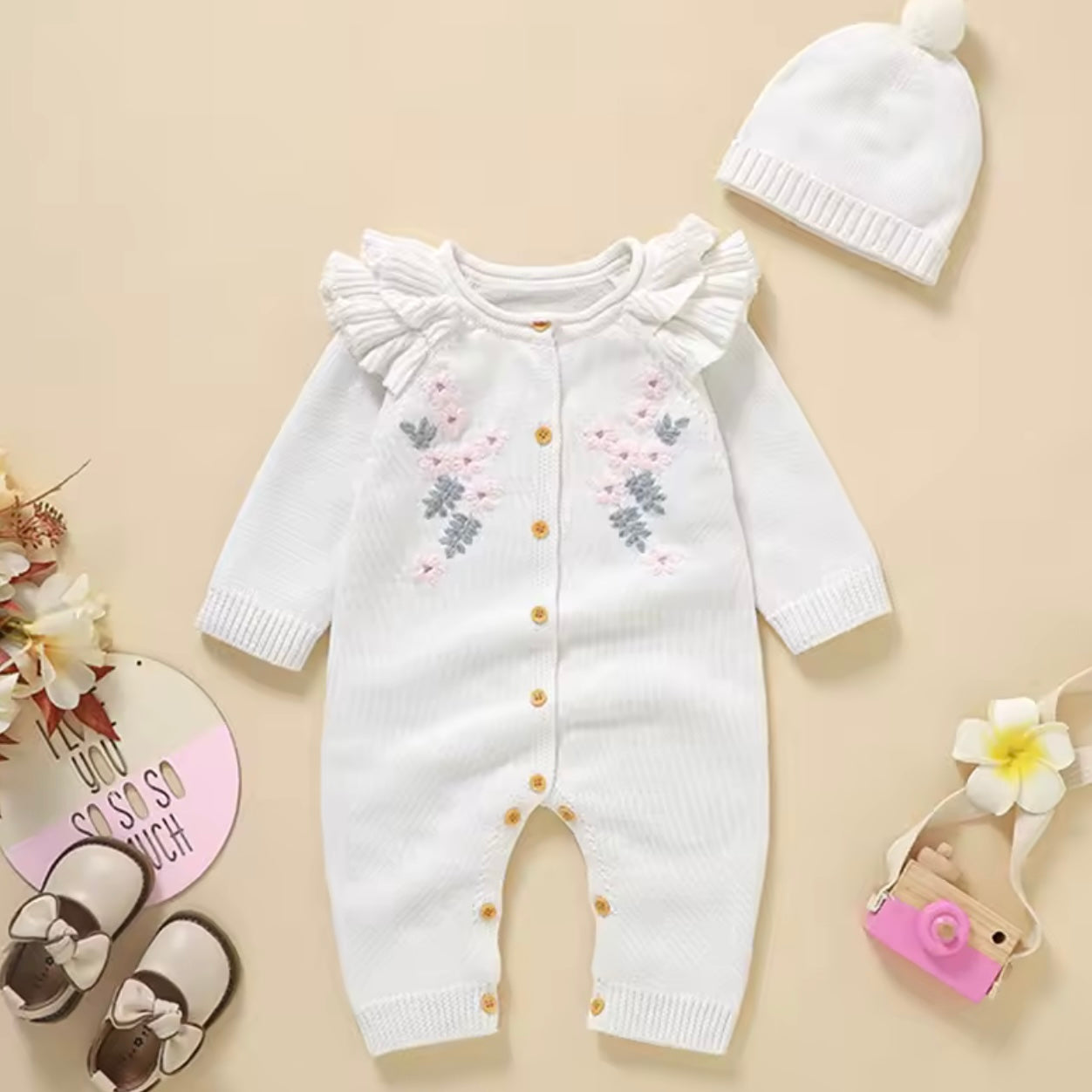 FLORAL FRILL ROMPER WITH HAT