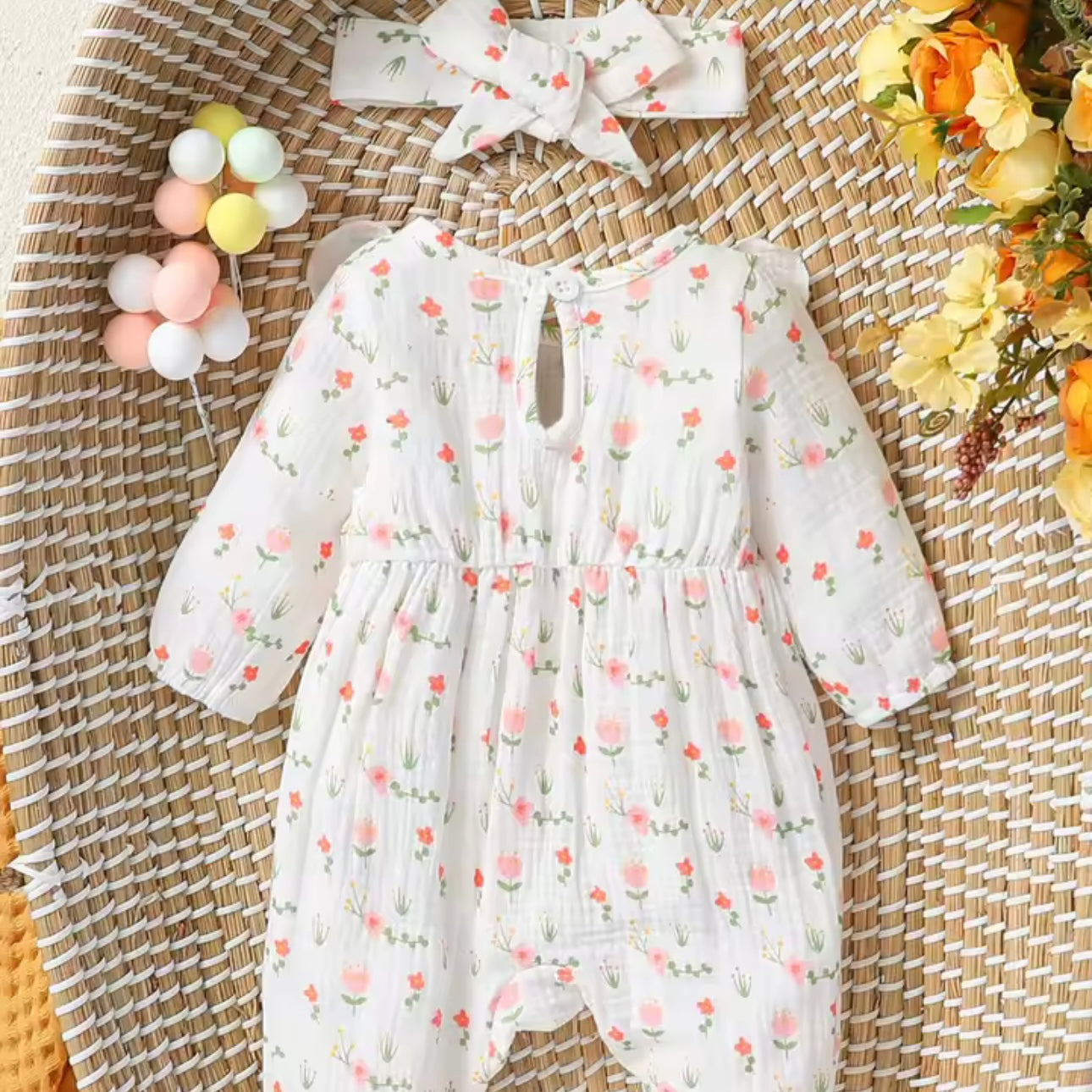 WHITE AND PINK FLORAL BOW ROMPER WITH HEADBAND
